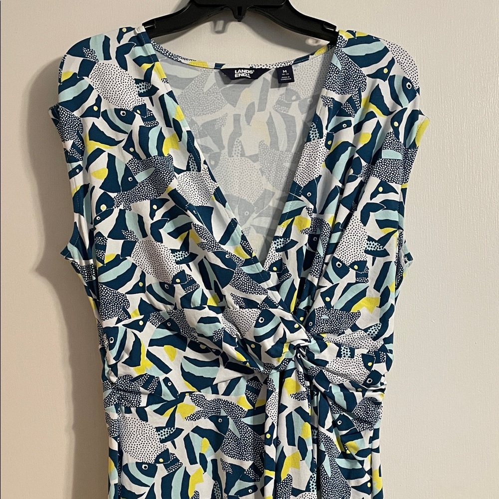 Lands' End Blue and Yellow Fish Patterned Summer Dress, size Medium (10-12)
